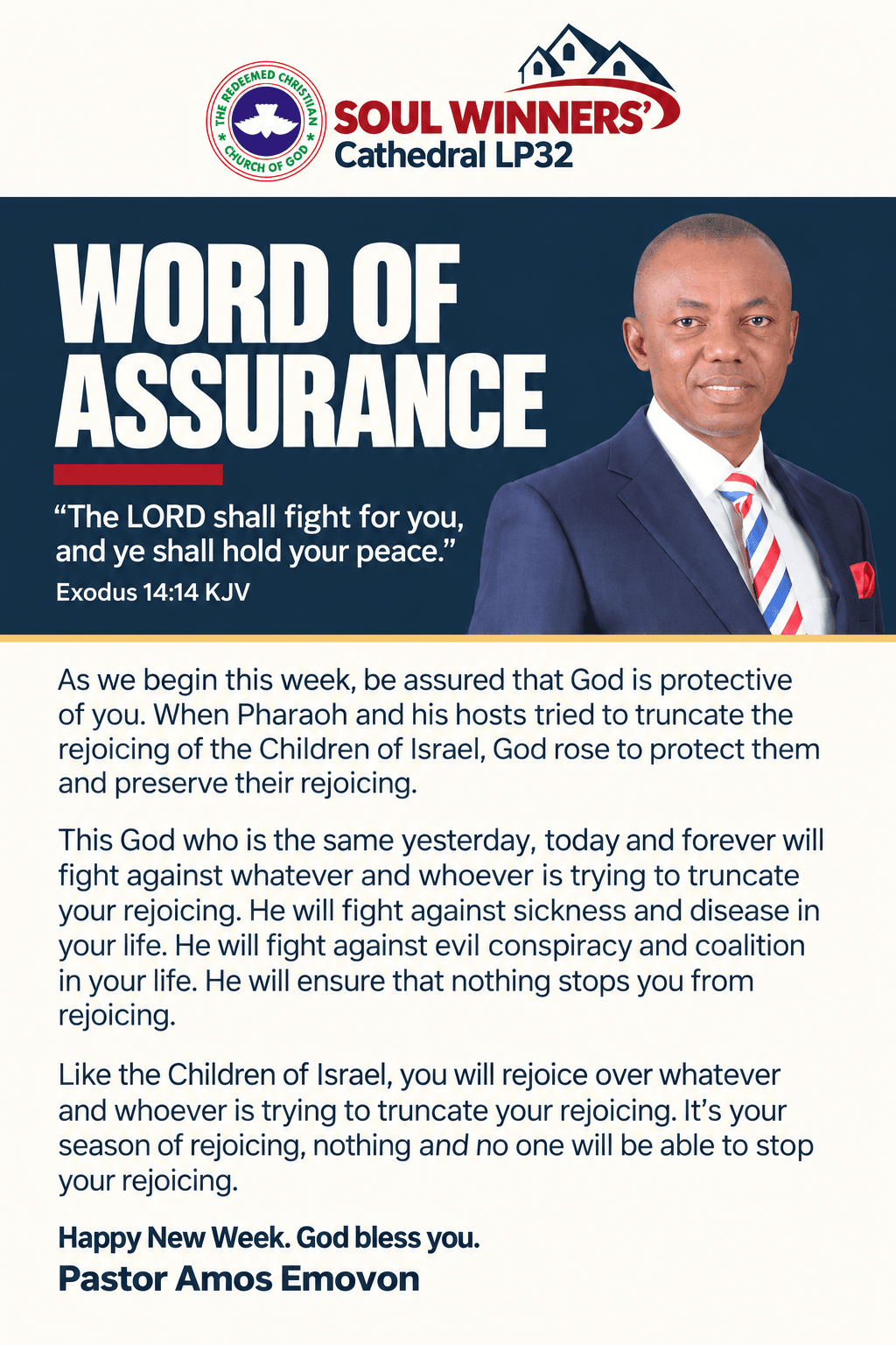 SWC Word of Assurance poster featuring Pastor Amos Emovon. Exodus 14:14 KJV. The complete message follows as readable text.